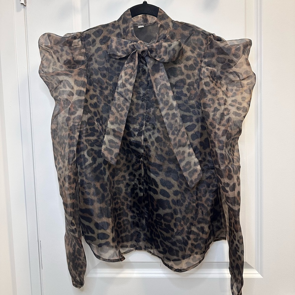 SHEIN Animal Print Sheer Blouse with Bow